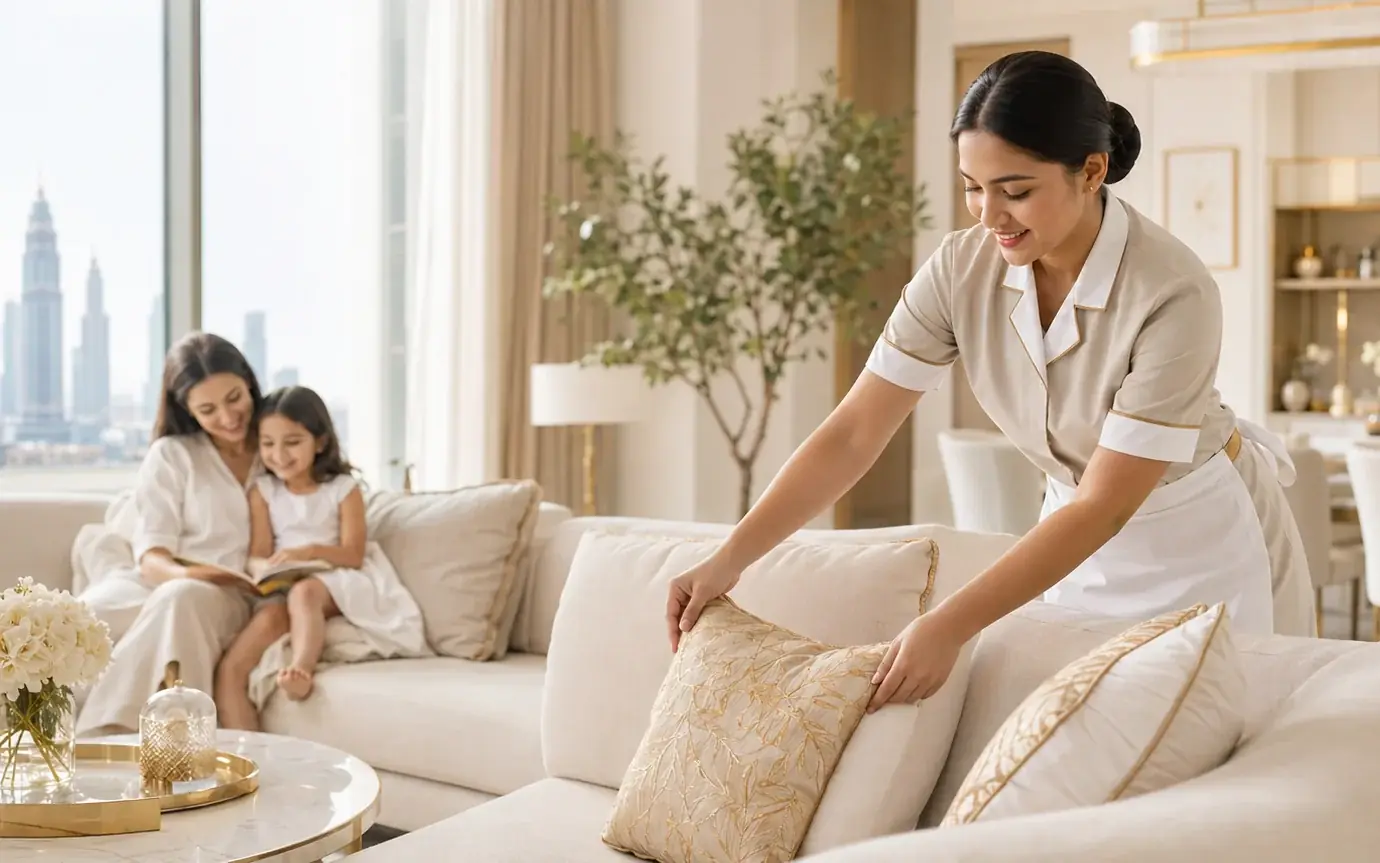 Illustration of a domestic worker arranging sofa cushions near a mother and child