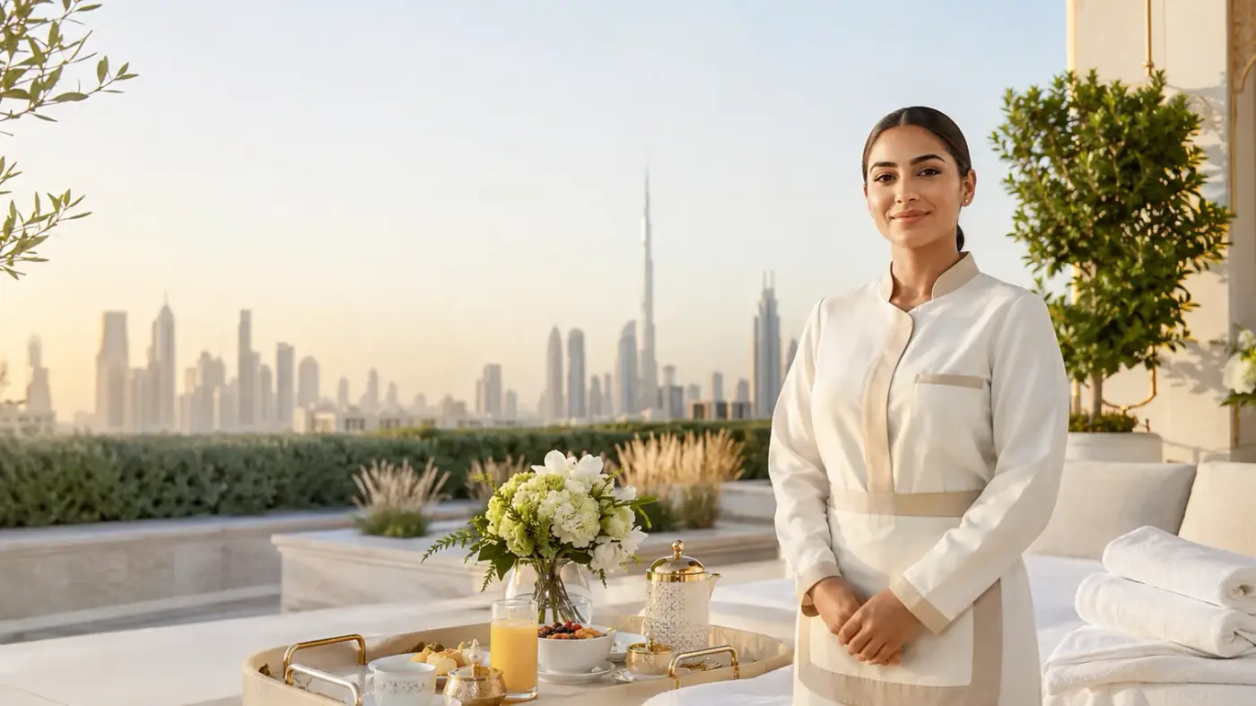 Illustration of a domestic worker beside a table with the Dubai skyline in the background
